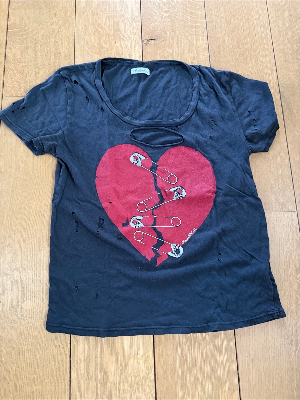Lauren Moshi Black Short-Sleeve Tee with Red Broken Heart Graphic